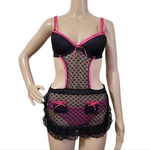 Sexy Maid Lingerie Size S Black Pink Underwire B Cup Sheer Lace Tie Back Ruffled